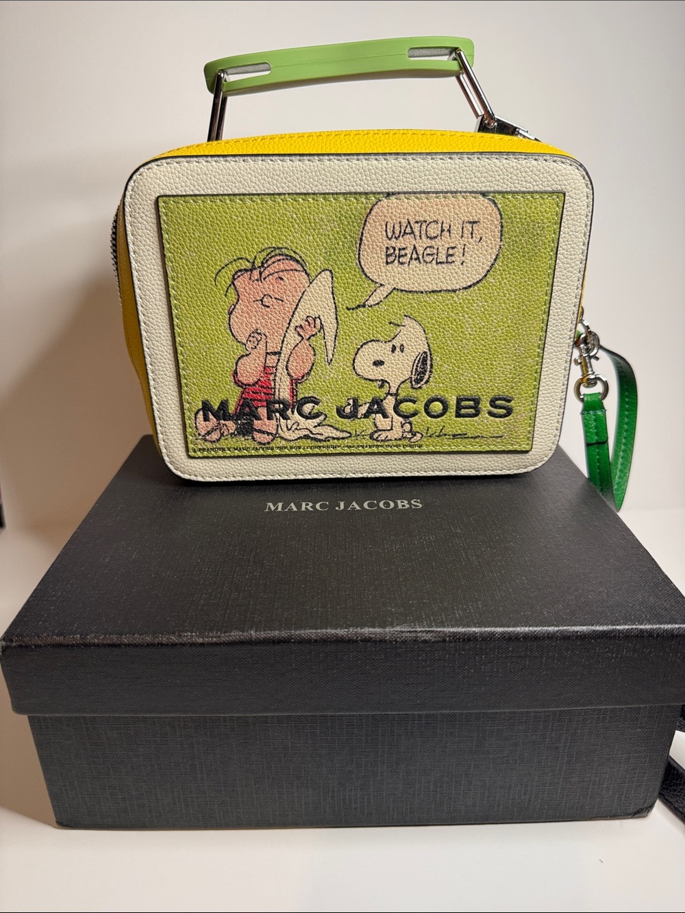 Marc Jacobs Yellow Peanuts Graphic Leather Box Crossbody with Green Handle - Picture 2 of 5